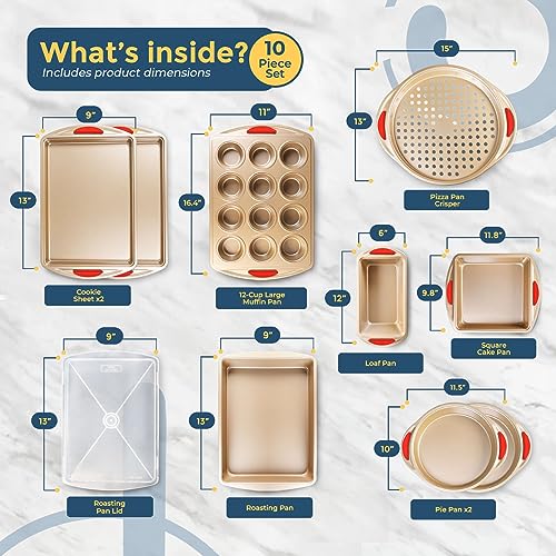 Perlli 10 Piece Baking Set - Nonstick Gold Steel Oven Bakeware With Silicone Handles, Cookie Sheets, Round Cake Pans, 9x13 Pan With Lid, Loaf Pan, Deep Pan, Pizza Crisper, Muffin Pan