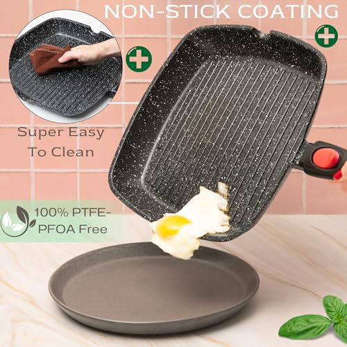 Moss & Stone Square Grill Pan for Indoor Cooking, 11-Inch Nonstick Griddle Skillet with Removable Handle, RV Die-Cast Aluminum Stove Top Grill Pan for Meats & Vegetables, Detachable Handle