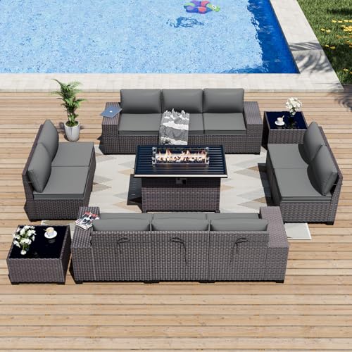 ALAULM 13 Pieces Outdoor Patio Furniture Set with Propane Fire Pit Table Outdoor Sectional Sofa Sets Patio Furniture 43" Gas Fire Pit Brown PE Rattan Patio Conversation Set w/10 Cushions (Grey)