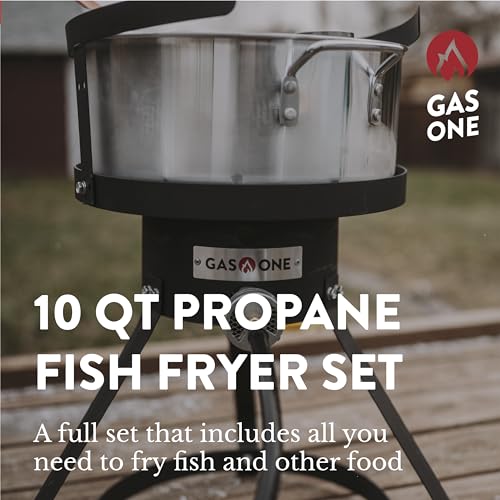 Gas One Propane Deep Fryer with 10Qt Deep Fryer Pot – High Grade Strainer Basket Aluminum Pot for Fish Fry Chicken Wings, Seafood Pot – Propane Burners for Outdoor Cooking Include Thermometer