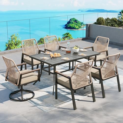 SUNSHINE VALLEY 7pc Patio Dining Set, 59" Metal Table & 6 Rattan Chairs