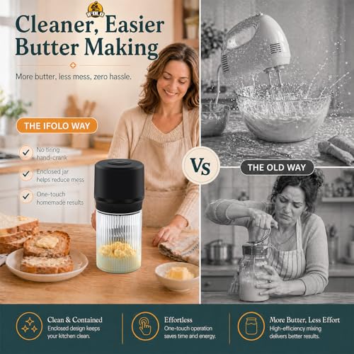 IFOLO Electric Butter Churn – One-Touch Butter Maker in 5–10 Mins, 34oz Glass Jar with High-Speed Brushless Motor, High-Speed Mixing for Creamy Results