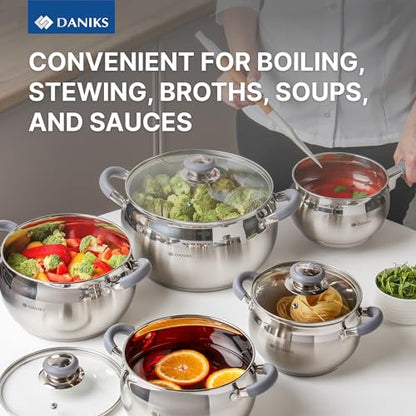 Daniks Modern 11-Piece Stainless Steel Cookware Set with Glass Lids, Includes Saucepan and Frying Pan with Lid, Tri-Ply Bases for Even Heating, Induction Compatible, Dishwasher Safe, Heatproof Handles