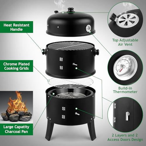 VINGLI 18 Inch Multi-Layer Charcoal BBQ Smoker Grill, Heavy Duty Round Grill, Vertical Smoker with Thermometer, for Outdoor Cooking, Patio, Parties, Backyard
