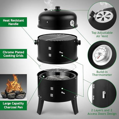 VINGLI 18 Inch Multi-Layer Charcoal BBQ Smoker Grill, Heavy Duty Round Grill, Vertical Smoker with Thermometer, for Outdoor Cooking, Patio, Parties, Backyard