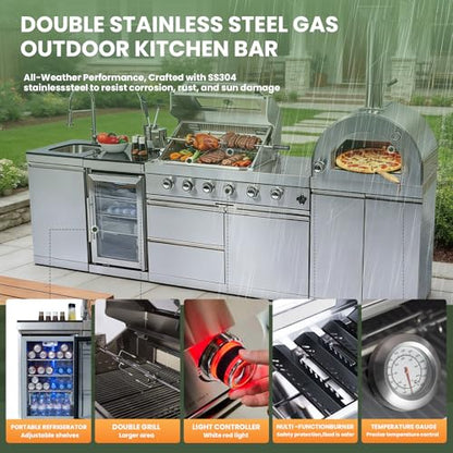 112-Inch Stainless Steel Outdoor Kitchen Island, Natural Gas BBQ Grill with Standalone Side Burner Pizza Oven, Rotisserie, Refrigerator, Granite Countertop, Storage Cabinets & Drawers 108000 BTU