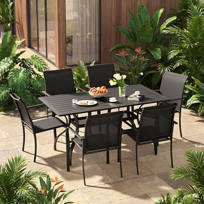 Crownland 7 Piece Patio Dining Set, Outdoor Textilene Dining Sets, 6 Textilene Metal Chairs and Rectangular Outdoor Dining Table with 1.57" Umbrella Hole,Black