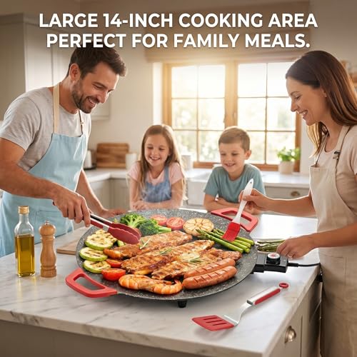 Electric Indoor Grill Nonstick, 14” Round Electric Griddle with Adjustable Temperature Control,for Pan Searing Steaks, Breakfast, BBQ & Family Meals, Bonus Spatula,Oil Brush & Food Tongs