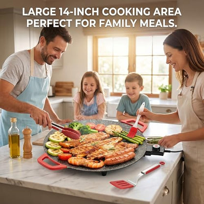 Electric Indoor Grill Nonstick, 14” Round Electric Griddle with Adjustable Temperature Control,for Pan Searing Steaks, Breakfast, BBQ & Family Meals, Bonus Spatula,Oil Brush & Food Tongs