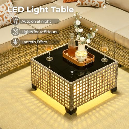 HOOOWOOO Outdoor Sectional Patio Furniture Set with Fire Pit Table,13 Pieces Wicker Conversation Sets L Shaped Couch,Extra Deep Out Door Sofa Outside Furniture with Swivel Chairs Ottomans,Beige