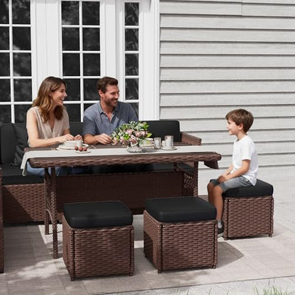 KIGOTY 7 Piece Patio Furniture Set, Outdoor PE Wicker Rattan Outdoor Dining Set, Patio Table and Chairs Set, Patio Conversation Sofa Set with Dining Table and Ottoman(Brown-Black)