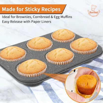 Barlket 2 Pack Jumbo Muffin Pan, 6 Cup Large Cupcake Pan with Speckled Granite Coating and Paper Liners, Professional Nonstick Carbon Steel Muffin Tin for Baking Muffins Frittatas Cupcakes, Grey
