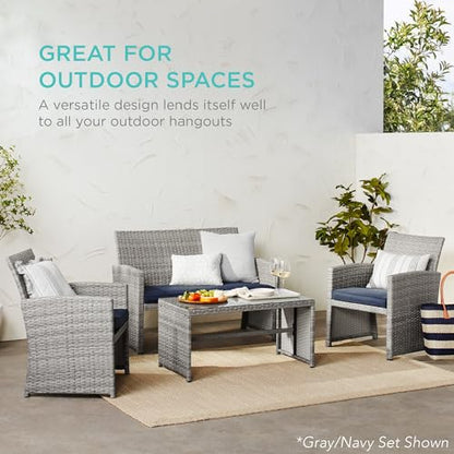 Best Choice Products 4-Piece Outdoor Wicker Patio Conversation Furniture Set for Backyard w/Coffee Table, Seat Cushions - Brown/Navy