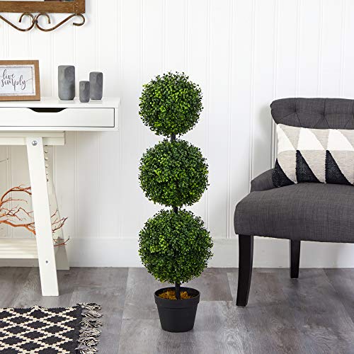 Nearly Natural 36in Artificial Triple Ball Boxwood Topiary Tree - Indoor Outdoor Realistic Faux Greenery for Home Patio Office Decor, Low Maintenance