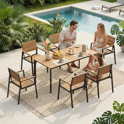 Oasbira Outdoor Dining Set, Patio Table and Chairs Set with Umbrella Hole, 7 Pieces HDPS + Aluminum Patio Dining Furniture Set for Backyard, Garden (Gray & Teak)