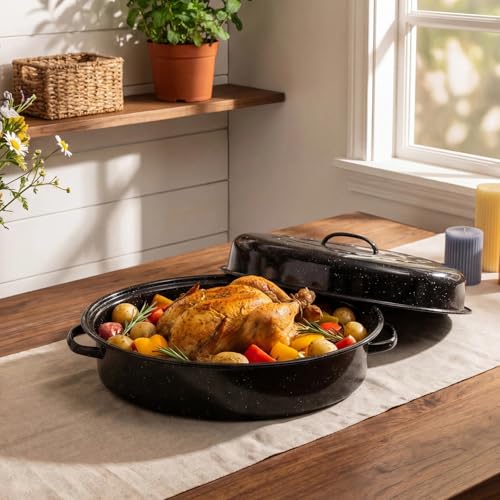 15"Oval Roasting Pan With Lid Small Chicken Roaster With 13.7in Inner Diameter Enamel Steel Roasting Pot Suitable for Outdoors Family Dinnerhigh Temperature Resistance Holiday Gifts
