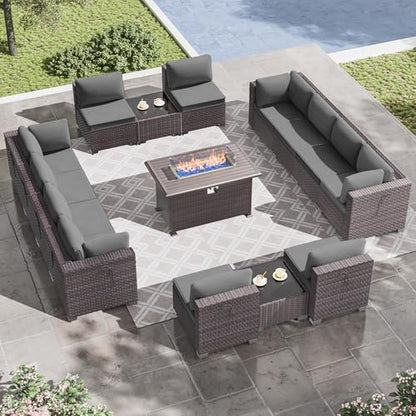 RTDTD 15 Pieces Outdoor Patio Furniture Set,Outdoor Sectional Furniture with 43" 55000 BTU Gas Propane Fire Pit Table,All Weather PE Rattan Wicker Patio Conversation Set,Grey