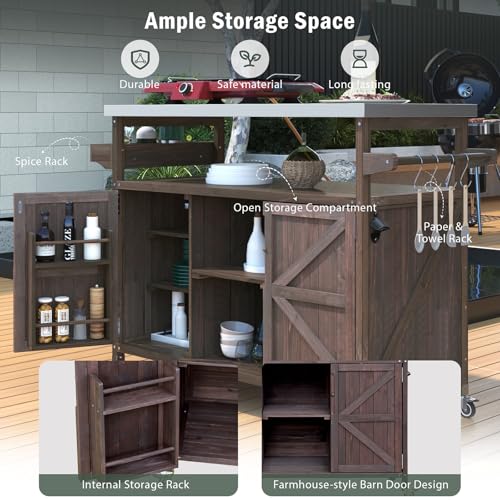 Waully 50.25" Outdoor Kitchen Island with Wheels for Food Prep, Strage, Bar, Rolling Outdoor Grill Table for Outside, Outside Cooking Table, Grill Carts, Cooking Station, Modular, Solid Wood, Brown