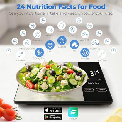 WARMKEY Smart Nutrition Food Scale with App - 1g Precision Digital Kitchen Scale, Tracks Calories & 24 Nutrients, Macros, Fat & Protein for Keto, Fitness & Meal Prep, 11lb/5kg with Tare Function