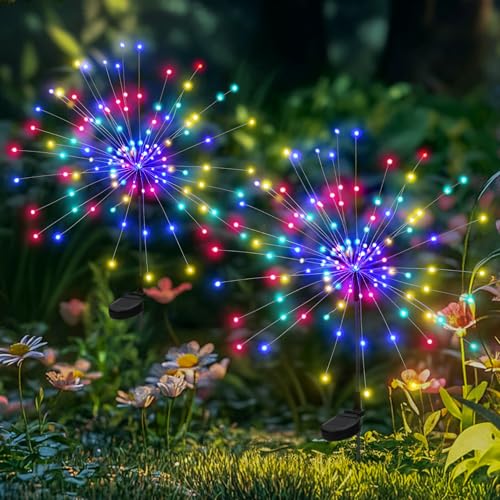 PEVOROS Garden Decor Solar Lights Outdoor,120LED Waterproof Colorful Solar Fairy Garden Lights for Outdoor Decoration,Yard, Patio, Porch,Flower Pot,Pathway, for 4th of July(2Pack)