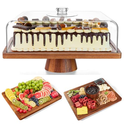HouseJoy Acacia Wood Cake Stand with Lid-Extra Large 17" Rectangular Cake Holder,2-in-1 Dessert Table Display Set & Charcuterie Board,Acrylic Cake Dome Cover for Cheese/Veggie/Desert /Chips & Dip