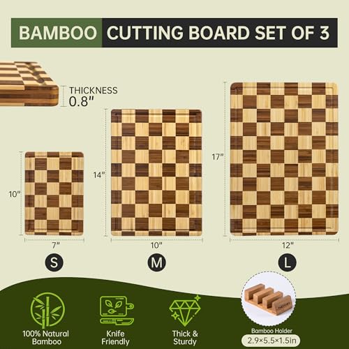 THETCHRY Bamboo Cutting Board Set, Checkered Wood Cutting Boards for Kitchen with Juice Groove, Non Toxic Wooden Charcuterie Boards, Non Slip Chopping Board for Meat Fruit Cheese, Housewarming Gift