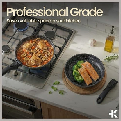 Pots & Pans Set Non Stick Ceramic-Granite – 15-Piece Cookware with Detachable Handles, Stackable Space-Saving, Dishwasher Safe, Oven & All-Stove Safe, Tempered Glass Lids, Black Granite