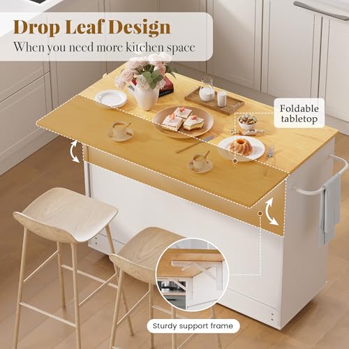 GRUSIGN Kitchen Island on Wheels with Storage-Multifunctional Kitchen Island Cart with Drop Leaf, Rolling Island with Spice/Towel Rack,Expandable Island Table Kitchen,39.37" Width,White