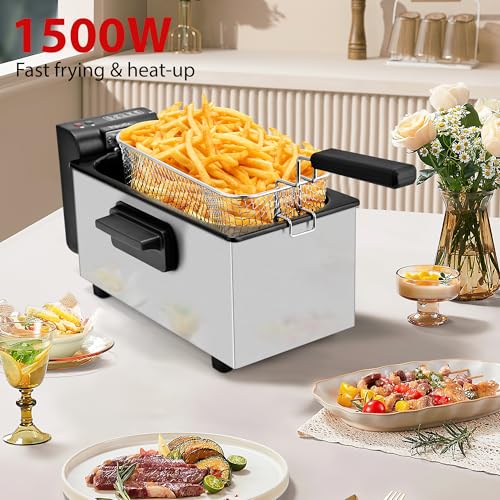 Pukomc Deep Fryer 3 Liter Capacity,1500W Oil Fryer with Adjustable Temperature,Viewing Window,Detachable Frying Basket,Made of Stainless Steel Material and Easy to Clean