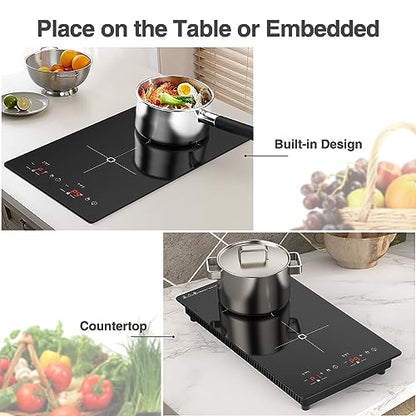 VBGK Double Induction Cooktop, 2300W 110V Portable Induction Cooktop with LED Touch Screen 9 Levels Settings,Electric cooktop with Child Safety Lock & Timer 2 burner
