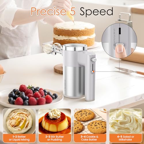 CHIDOLL 600W Hand Mixer, 5-Speed Electric Hand Held Mixer for Baking, Lightweight Stainless Steel Hand Beaters *2 & Dough Hooks*2 with Eject Button, Kitchen Mixer for Cream, Cookies, Dough