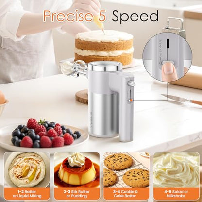 CHIDOLL 600W Hand Mixer, 5-Speed Electric Hand Held Mixer for Baking, Lightweight Stainless Steel Hand Beaters *2 & Dough Hooks*2 with Eject Button, Kitchen Mixer for Cream, Cookies, Dough
