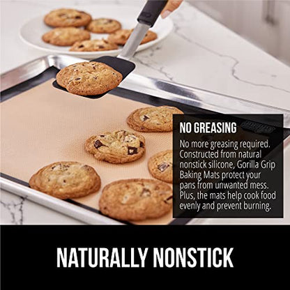 GORILLA GRIP Food Grade Reusable Nonstick Silicone Baking Mat 2PK, Oven Safe Cookie Sheet Liners, Up to 500 Degrees, No Mess Easy Clean Pastry Mats, Kitchen Essentials, 11.75x8.25 Quarter Sheet, Black