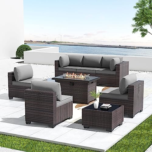Kullavik 8 Piece Outdoor Wicker Patio Furniture Set with Fire Pit Table