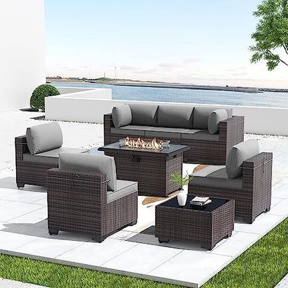 Kullavik 8 Piece Outdoor Wicker Patio Furniture Set with Fire Pit Table
