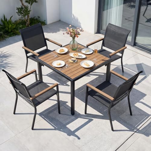 NATURAL EXPRESSIONS HDPS Patio Outdoor Table and Chairs Set for 4, Patio Dining Set with 4 Textilene Chair and 36” Square Fauxwood Patio Table with Umbrella Hole for Garden, Backyard, Deck (Black)