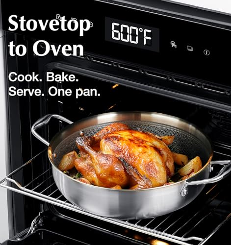 KOCH SYSTEME CS Triply Stainless Steel Saute Pan 12 Inch, Nonstick Hybird Stainless Steel Saute Pan with Lid, 6 Quart Deep Frying Pan with Honeycomb Interior, 18/10 Steel Pans, Induction Compatible