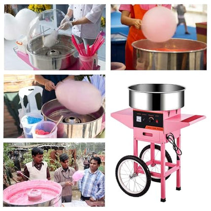 Commercial Cotton Candy Machine w/Cart and Wheels, 110V Electric Floss Maker with Stainless Steel Bowl, Sugar Scoop for Family and Various Party Pink