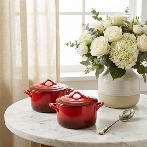 JINSONGDAFA Ceramic Mini Cocotte Set, 17.7 Ounces Small Casserole Dishes with Lids and Handles, Individual Baking Ramekins, Oven, Microwave & Dishwasher Safe (Inner white outer gradient Red glaze)