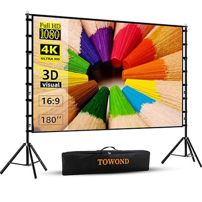 TOWOND Projector Screen and Stand, 180 inch Outdoor Projector Screen 15 FT Large Projection Screen, Portable 16:9 4K HD Rear Front Movie Screen with Carry Bag Wrinkle-Free Design for Backyard Theater
