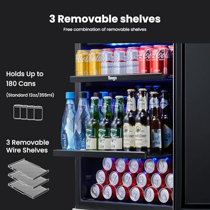 Yeego 24 Inch Beverage Refrigerator – 180 Can Built-In Under Counter Drink Fridge with Glass Door, 34–54°F Cooling for Beer, Soda & Wine (Right-Hinged)