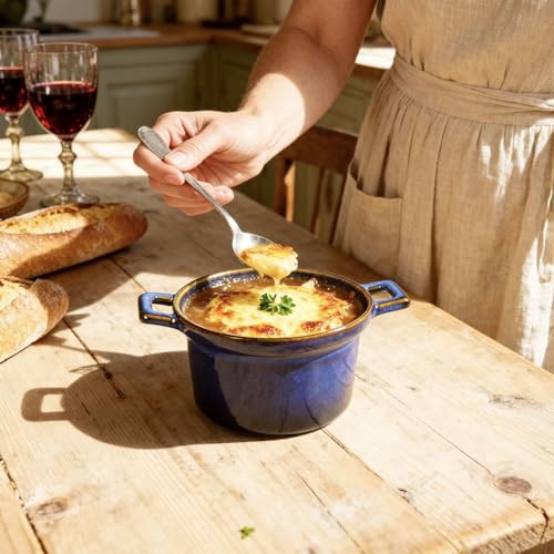 dingdaer Mini Cocotte Set, Small Casserole Dishes with Lids & Handle, 16.9 OZ Ceramic Mini Dutch Oven Set of 2, Individual Baking Ramekins for Lasagna, Soufflé, Soup Tureen, Oven, Microwave Safe, Blue