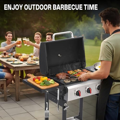 LMNOCHM Propane Grill with Folding Side Tables, 3-Burner Gas Grill with Porcelain-Enameled Cast Iron Grates and Stainless Steel Grill Pan, 30,000 BTU BBQ Grill with Wheels for Outdoor Cooking