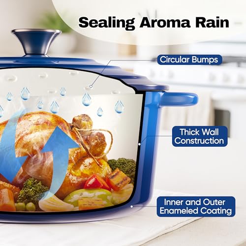 7 Quart Dutch Oven Pot with Lid, Non Stick Enameled Cast Iron Dutch Oven for Bread Baking, Heavy-Duty, Oven Safe Ceramic Cookware Up to 500°F for Baking, Braising, Stews, Roasting, Blue