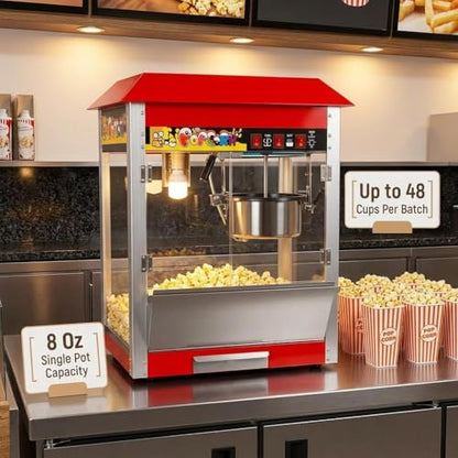 Movie Popcorn Machine, 1300W Commercial Popcorn Maker with 8 Oz Kettle, Stainless Steel Countertop Popcorn Popper, Theater Style for Home & Concession Stands