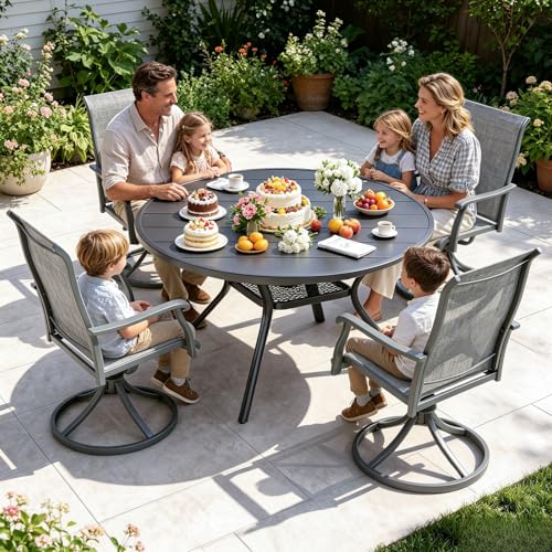 bigget 5 Piece Patio Dining Set for 4, Round Patio Table with Umbrella Hole and Highback Swivel Chairs 450LBS, All Weather Durable Sturdy Powder-Coate 4 Person Outdoor Dining Set for Outside, Grey