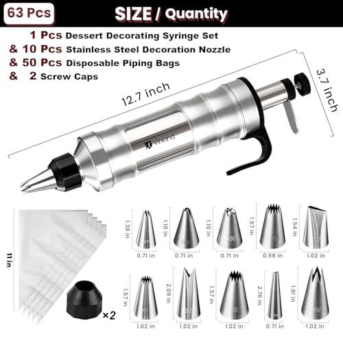 Dessert Decorating Syringe Set Icing Piping Kit Frosting Piping Kit Stainless Steels Cake Decorating Kit with 10 food grade stainless steel piping tips & 50 Disposable Piping Bags Black