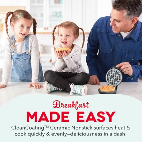 Dash Mini Waffle Maker with Ceramic Nonstick Cooking Surface, 4 Inch Small Waffle Iron, Single Serve, Easy to Clean, Compact Breakfast Maker for Kids & Families, Black