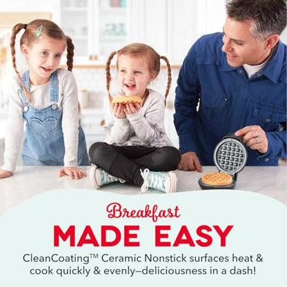 Dash Mini Waffle Maker with Ceramic Nonstick Cooking Surface, 4 Inch Small Waffle Iron, Single Serve, Easy to Clean, Compact Breakfast Maker for Kids & Families, Black