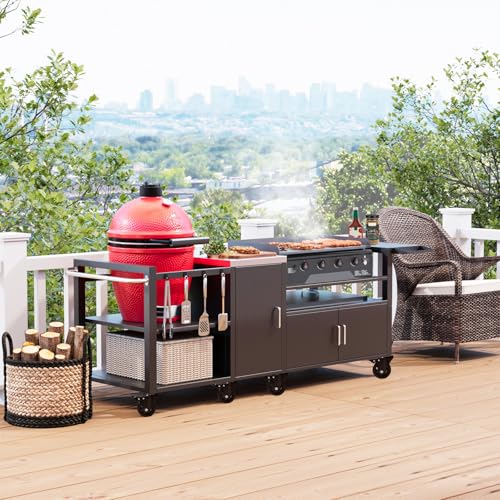 GDLF Outdoor Grill Cart for Big Green Egg& Blackstone Griddle, Metal Grill Table Compatible with Large Big Green Egg and 28"/36" Blackstone Griddle, Waterproof Cover Included